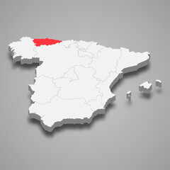 Asturias region location within Spain 3d map