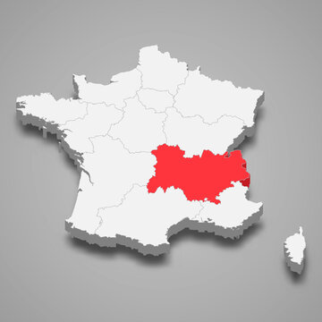 Auvergne-Rhone-Alpes region location within France 3d isometric map