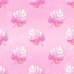 Pastel pink pattern with textured monstera leaves