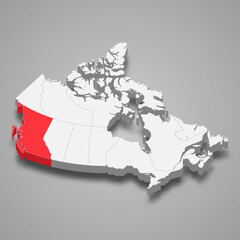 British Columbia region location within Canada 3d map