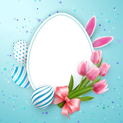 Happy Easter banner template with Easter eggs and tulip flower pink ribbon rabbit ear