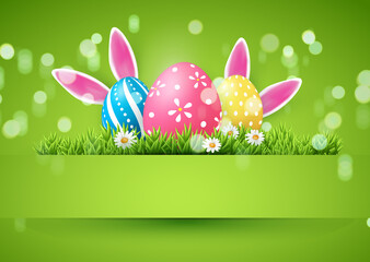 Happy Easter banner template with Easter eggs and green grass daisy flower rabbit ear