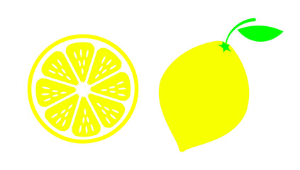 Illustration of lemon fruit and yellow lemon slice. Images are isolated on a white background.