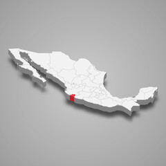 Colima region location within Mexico 3d map