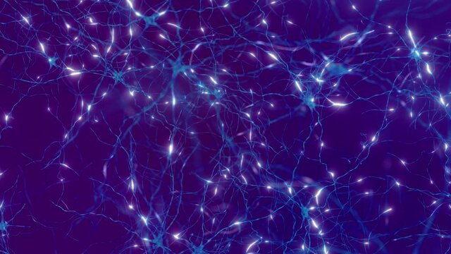 Camera moving through human brain nerve cells(neurons). Animation of neuronal firing - neurons communicating via electrical signals and neurotransmitters.