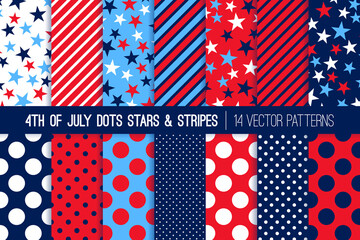 4th of July Fireworks Polka Dots, Stars and Stripes Vector Seamless Patterns. Red, White, Blue Patriotic Backgrounds. Pattern Tile Swatches Included. - 424242360