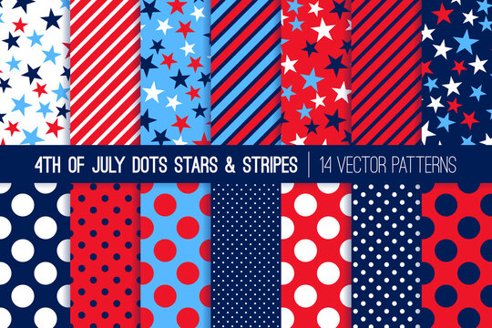 4th of July Fireworks Polka Dots, Stars and Stripes Vector Seamless Patterns. Red, White, Blue Patriotic Backgrounds. Pattern Tile Swatches Included.