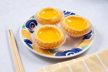 A view of a plate of egg tarts.