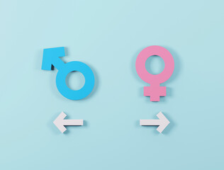 Gender symbol on blue background. Male and female 3d icon. 3d rendering. 