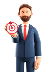 3D illustration of smiling man holding a modern target with a dart in the center and showing arrow in bullseye. Cartoon businessman reaching goals. Objective attainment, business purposes.