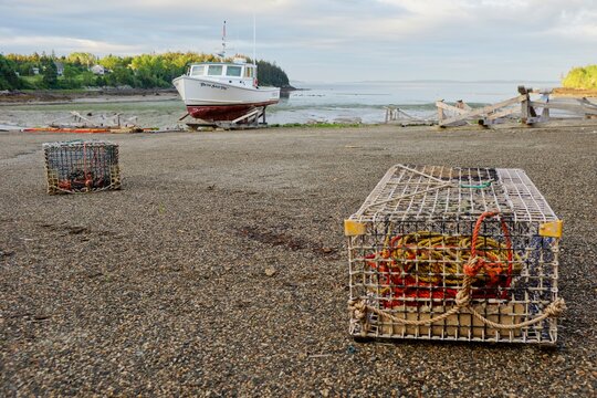 Tremont USA - 15 June 2014 - Lobster trap in shipyard on Goose Cove near Tremont Maine