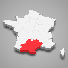 Occitanie region location within France 3d isometric map