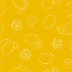 Line drawn lemons and leaves seamless pattern. White pencil contours on yellow background