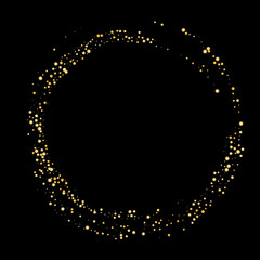 Gold glitter confetti on black background, frame. Zen. Scattered with shiny particles, sand. Decorative element. Luxury background for your design, greeting cards, invitations, vector