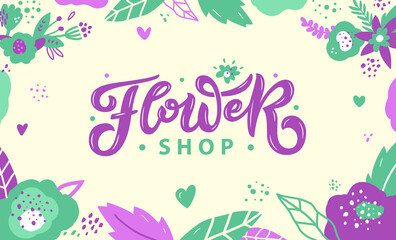 Vector floral hand drawn text for logo, flower shop, market, advertising, gardening florist, delivery, outdoor sign, sale. Modern brush lettering. Decorated with plants, leaves, wildflowers
