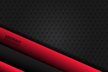 Red and black plates on carbon mesh. Metallic hexagonal black carbon grid. Carbon fiber black hexagon texture.