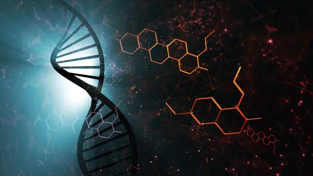 Rotating DNA cell strand with gold chemical elements. Dark background with shining glowing particles. 