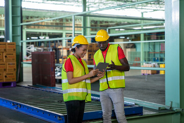 African American dispatchers use tablets to checking delivery order for dispatch in industrial...