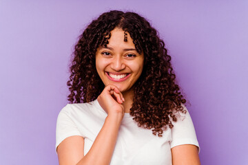 Young mixed race woman closeup isolated on purple background