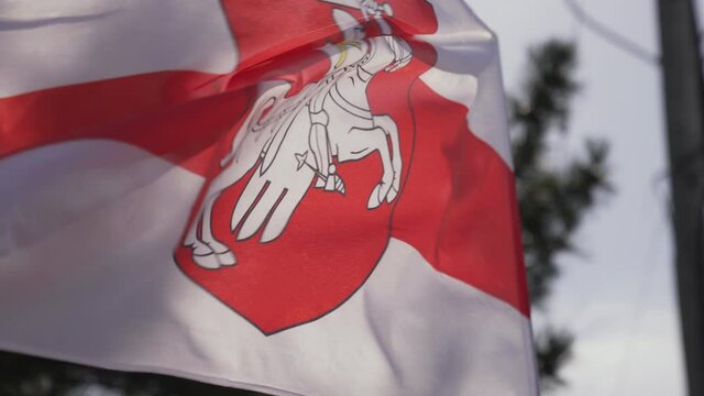 White red white Flag of Belarus. Peaceful protest in Minsk against dictator Lukashenko