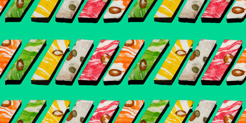 Seamless pattern of traditional oriental or Arabic sweets. Mix multicolour sherbet, Turkish delight or nougat with nuts. Food edible background.
