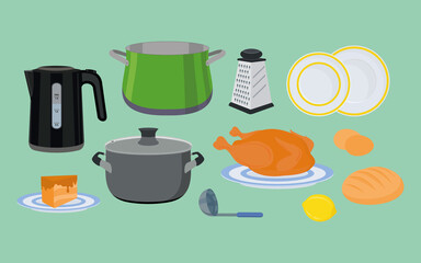Food and drinks. Tableware. Kitchen utensils. Vector illustration