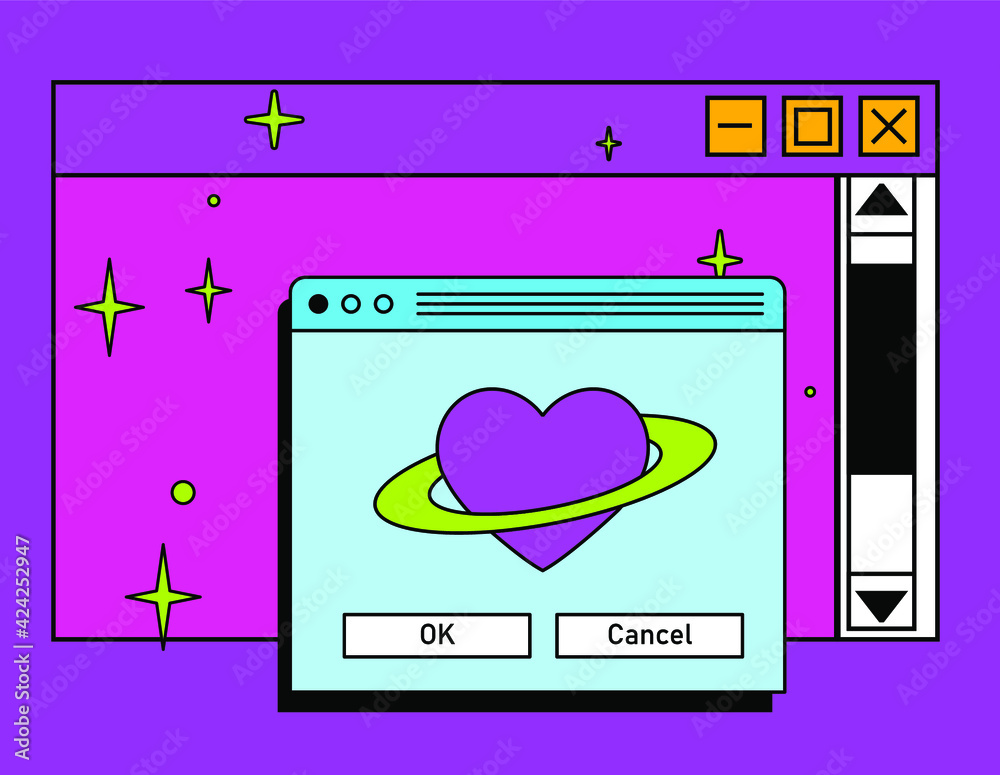 Poster A heart with a ring around it that looks like the planet Saturn and retro user interface window.