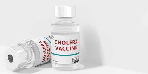Glass vials with CHOLERA VACCINE text on white background, 3D rendering