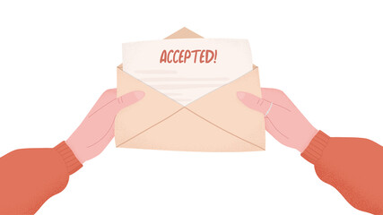 Hands holding paper letter of acceptance in envelope. College admission letter, university entrance mail. Concept of receiving goo