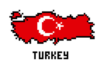 2d 8 bit pixel art Turkey map covered with flag isolated on white background. Old school vintage retro 80s, 90s platform computer, video game graphics.Slot machine design element.Country geography.