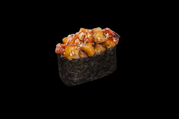 Gunkan Maki Sushi with spicy eel, sesame seeds, spicy sauce, rice Isolated on black background