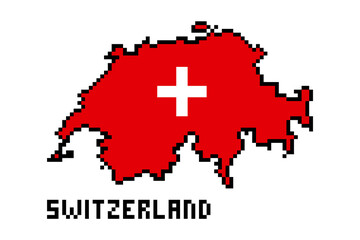 2d 8 bit pixel art Switzerland map covered with flag isolated on white background.Old school vintage retro 80s, 90s platform computer, video game graphics.Slot machine design element.Country geography