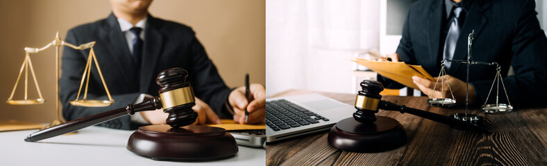 Business and lawyers discussing contract papers with brass scale on desk in office. Law, legal...
