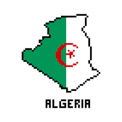 Fototapeta premium People's Democratic Republic of Algeria, 2d 8 bit pixel art north african country map with flag isolated on white.Old school vintage retro 80s, 90s computer, video game graphics. Slot machine design