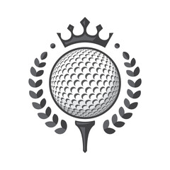 Golf club logo. Golf ball on tee with wreath and crown. Vector illustration
