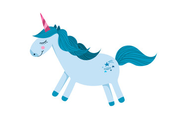 Cute little blue magic unicorn, children's vector illustration on white background.