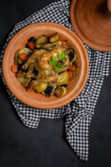 Traditional homemade chicken tajin stew with potatoes
