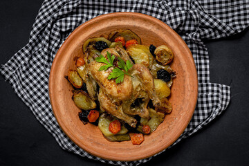 Traditional homemade chicken tajin stew with potatoes