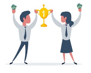 Couple of man and woman winners holding golden Cup. Happy successful people win award. Concept of goal achievement celebration.