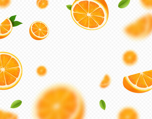 Fototapeta na wymiar Orange fruits falling on transparent background. Blurred orange slices and green leaves for advertising. Vector realistic