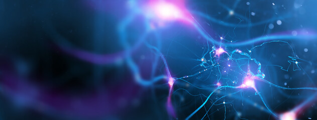 Nerve cells background with copy space (3d microbiology render banner) - obrazy, fototapety, plakaty