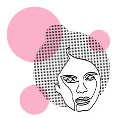 Abstract portrait of a woman with her hair tied on top of her head and pink circles