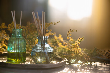 Aroma oil incense bottle and mimosa flowers on the table.