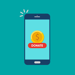 Smartphone with gold coin and button on screen. Donate online concept. illustration