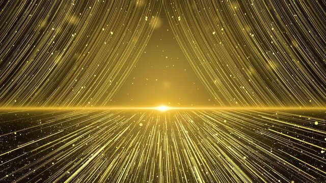 Golden particles streaks flow is a spectacular motion, luxury golden particle stripes keep falling. Elegant particle rain, gorgeous awards ceremony video, party performance stage screen background.