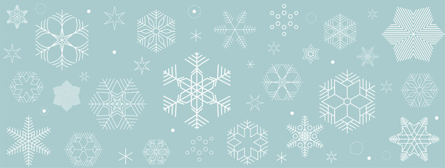 Snowflake header.   White and gray seamless snowfall border, Winter design for greeting card.