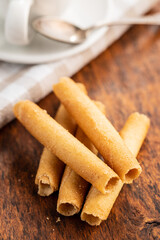 Sweet waffle tubes rolls.