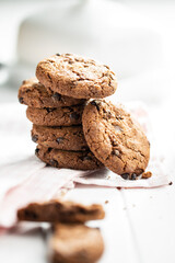 Tasty biscuits with chocolate. Sweet chocolate cookies
