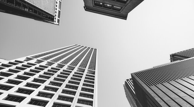 Looking up at New York buildings, black and white picture, USA.