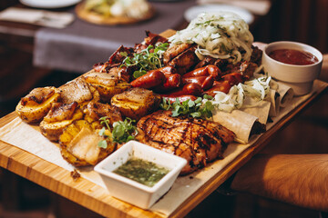 assorted various meat and vegetable dishes laid out on the village board for serving in a restaurant of Ukrainian cuisine